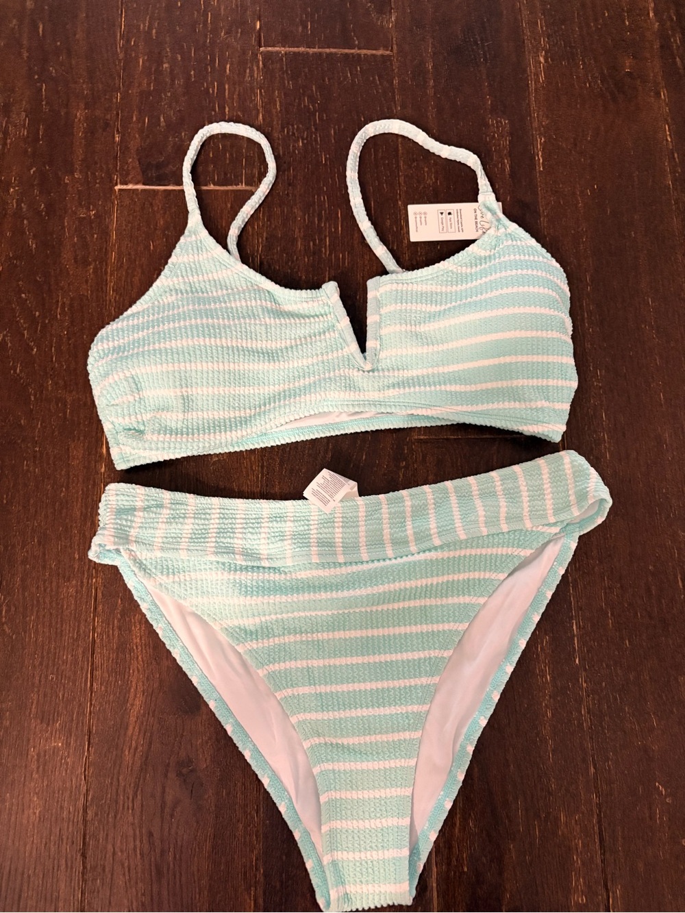 Cupshe Mint Green and White Striped Textured Bikini